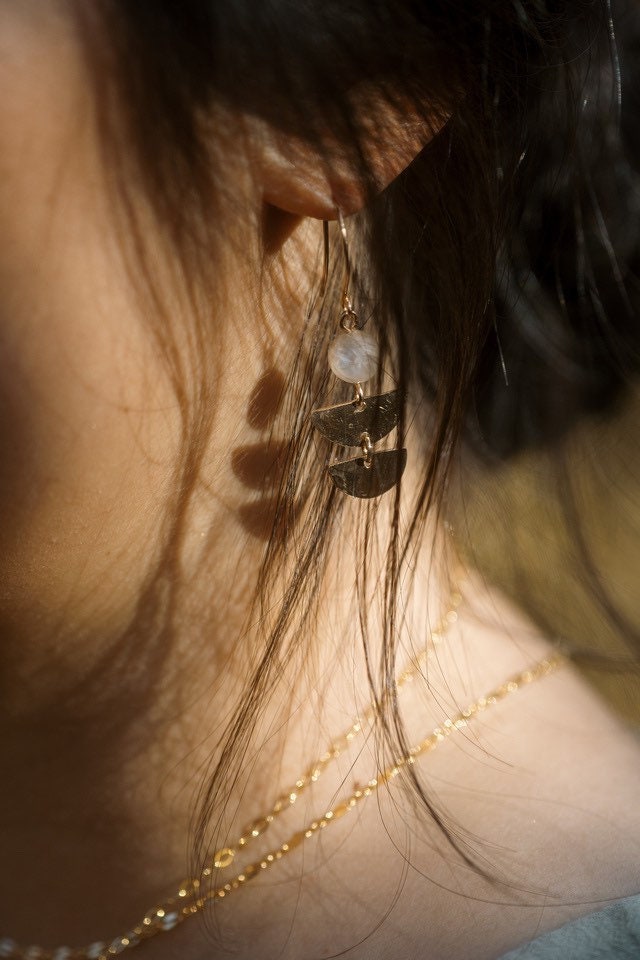 Jade Geometric Gold Dangles, half moon earrings, moonstone gold dangles, moon earrings, gift for her, celestial earrings, stocking stuffers