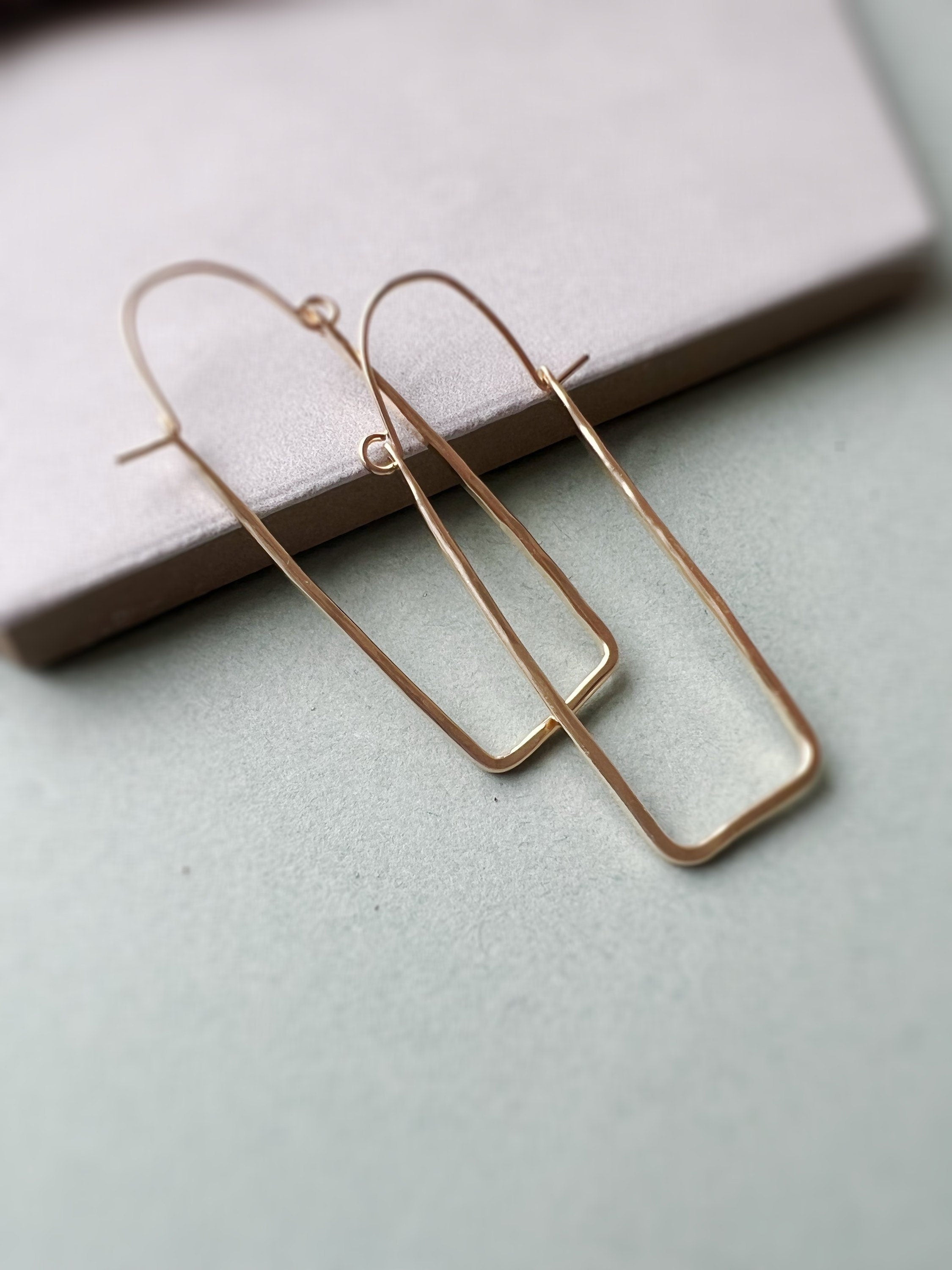 Kate Rectangle Gold Statement Earrings, Gold Hammered Hoops, Classic Gold Earrings