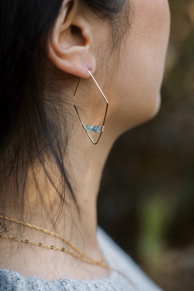 Alexa Diamond Gemstone Threaders, Geometrical Minimalist Gemstone Earrings, Dainty Gemstone Threaders, girlfriend gift, holiday gifts