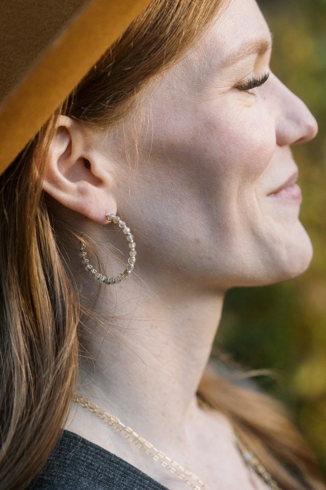 Londyn Wrapped Gemstone Hoop Earrings, Labradorite Hoop Earrings, Vintage Hoop Earrings, gift for her